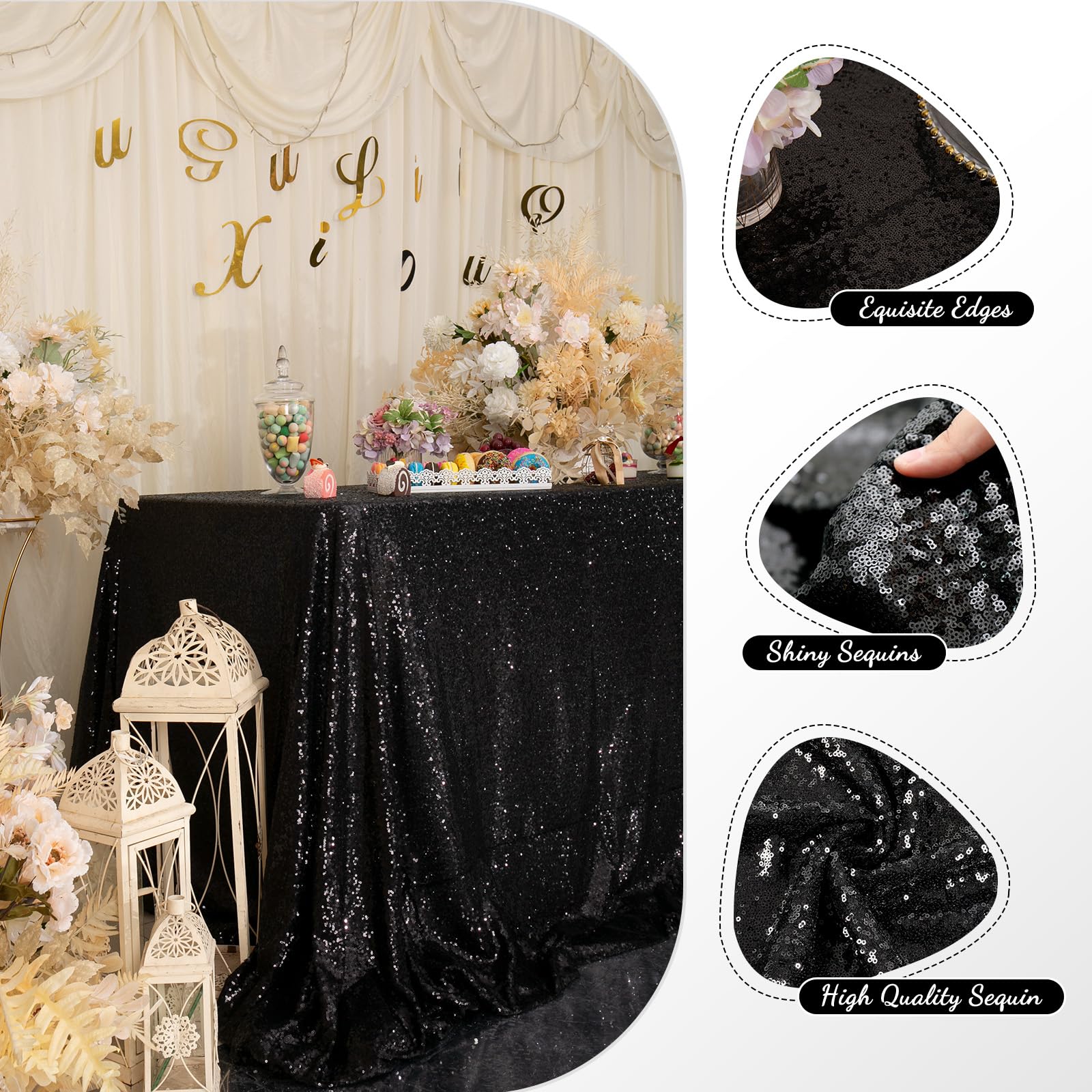 Partydelight Black Sequin Tablecloth Rectangular 60''X120'' Tablecloths Shimmer Table Cloth Sparkle Glitter Decorations